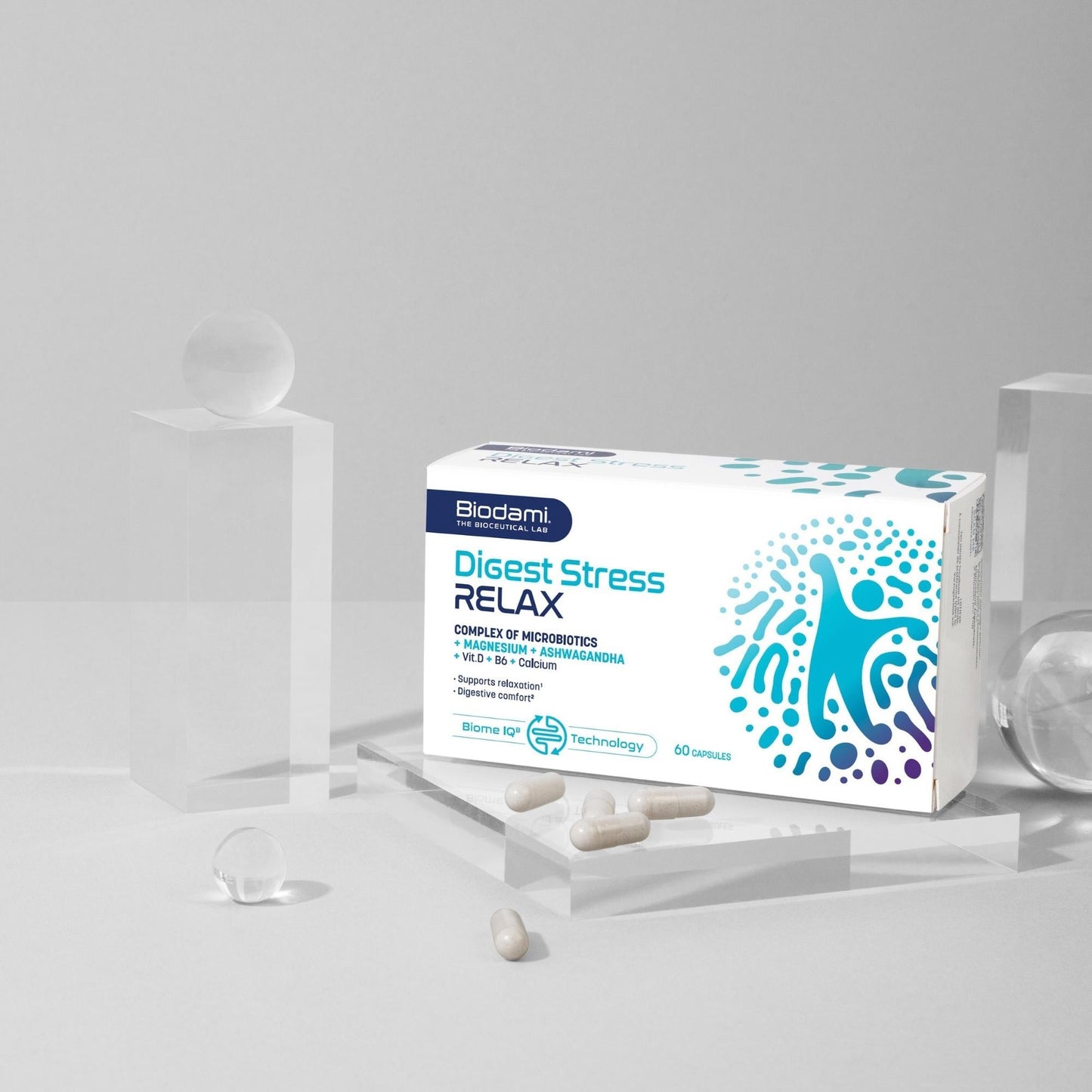 Pack shot of Digest Stress Relax. Complex of probiotics with magnesium, ashwagandha, vitamin D, B6 and calcium supporting gut discomfort induced by stress.