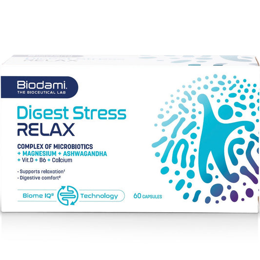 Digest Stress Relax. Complex of probiotics with magnesium, ashwagandha, vitamin D, B6 and calcium supporting gut discomfort induced by stress.