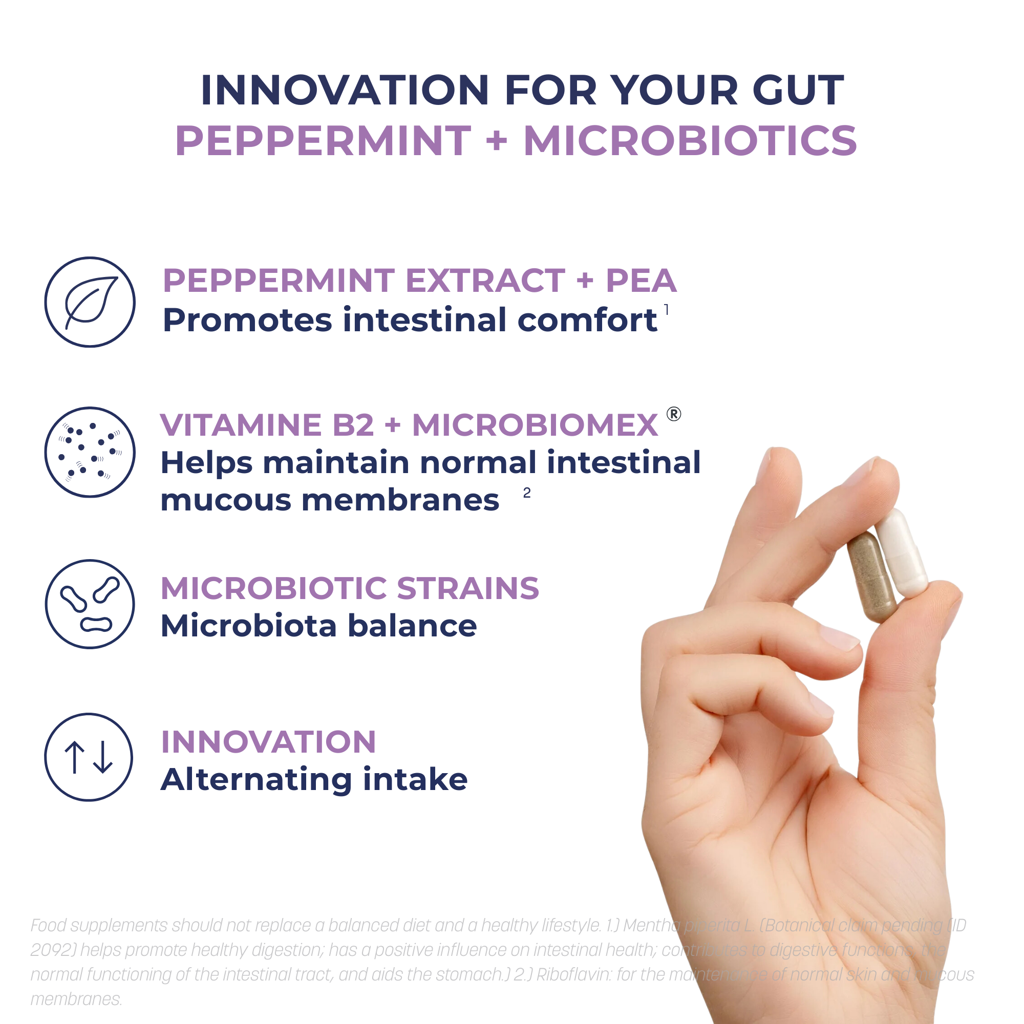 Product packaging wit text about peppermint, probiotics, prebiotics microbiomex, and vitamin B2 for gut health and irritbale bowel syndrome