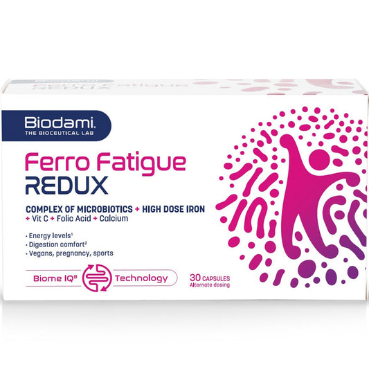 Pack shot of Ferro Fatigue Redux. Complex of microbiotics, high dose iron, vitamin C, folic acid and calcium. Good for energy levels, digestive comfort, vegans, pregnancy and athletes