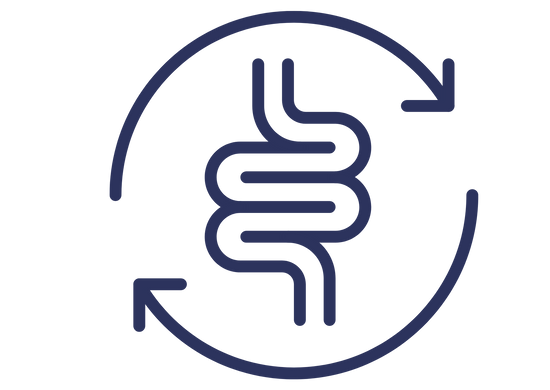 icon of intestinal tract with circular arrows representing gut microbiome balance