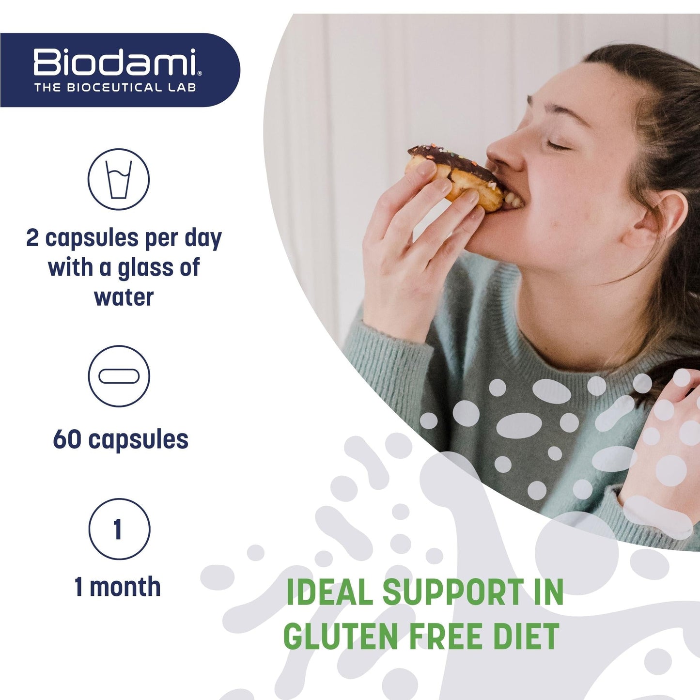 biodami gluten redux probiotic capsule with instructions of use. 2 capsules per day. ideal support in gluten free diet  woman enjying gluten food