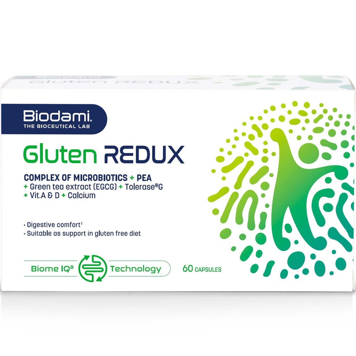 Pack shot of Gluten Redux. Complex of probiotics, PEA, green tea extract, gluten enzyme Tolerase G, vitamin A and D. For digestive support and gluten intolerance