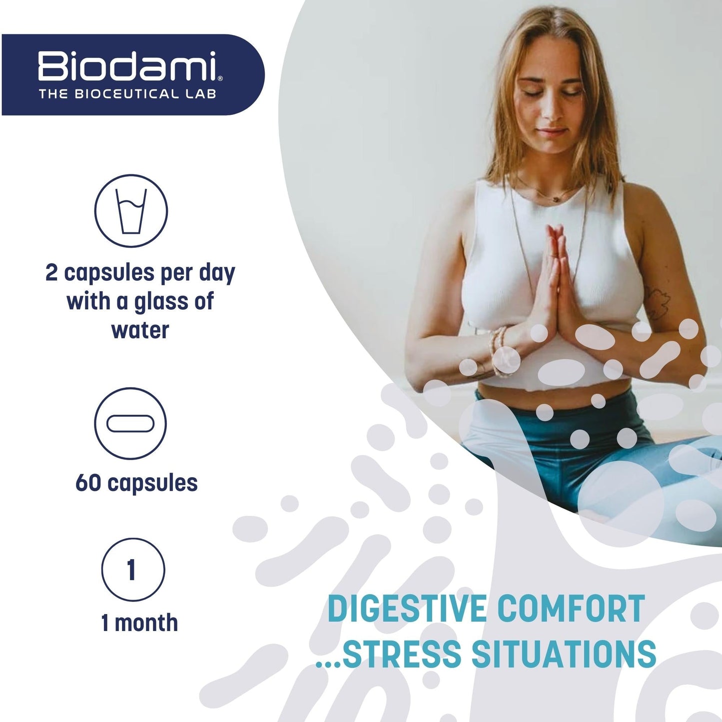 DIGEST STRESS RELAX how to use digestive comfort stress situation woman zen trying to relax capsules for stress probiotics