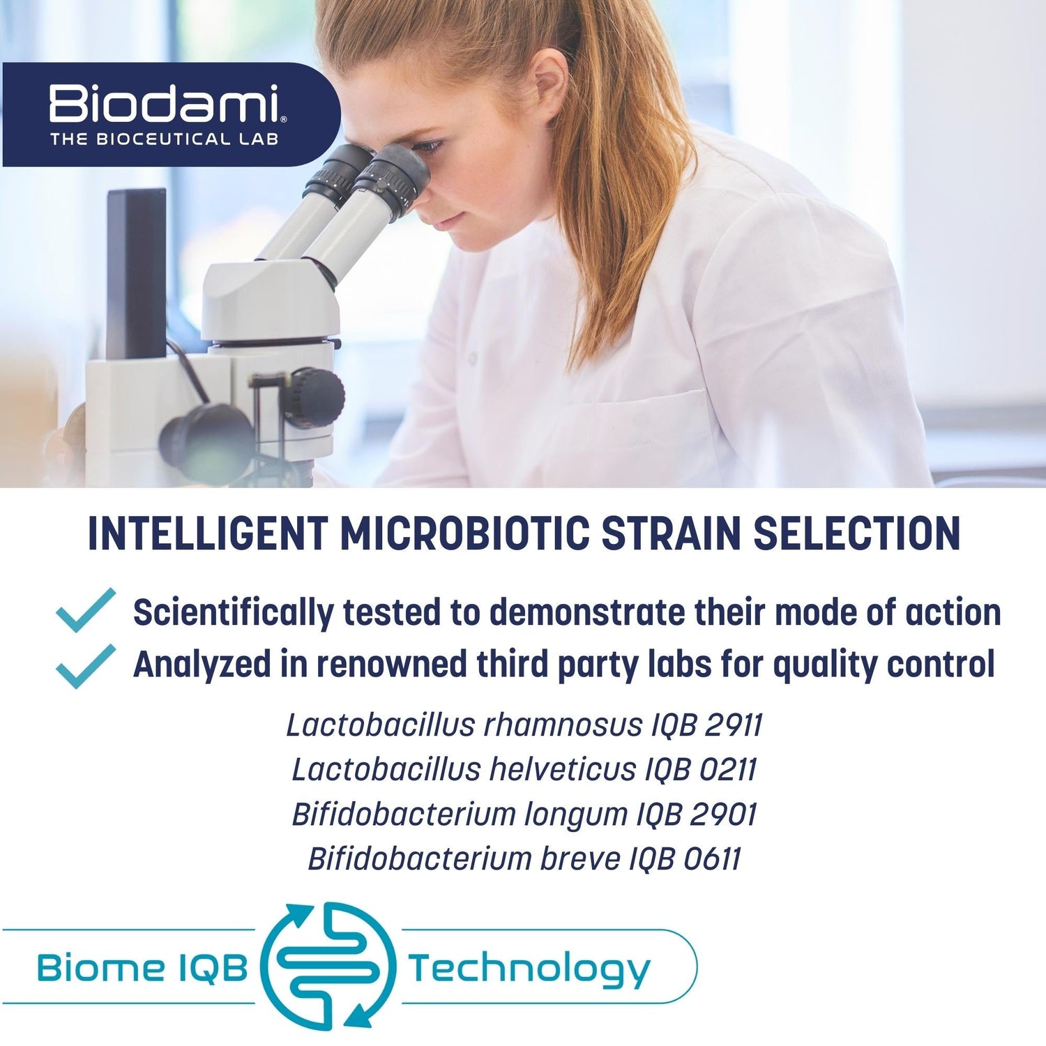 Laboratory setting. Intelligent probiotic strain selection, scientifically tested to demonstrate their mode of action and quality control 