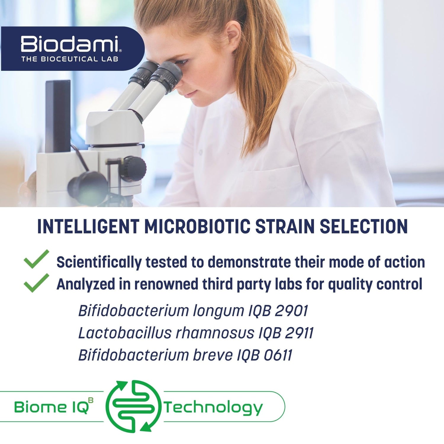 laboratory setting, intelligent probiotic strain selection. Biome IQB Technology. Scientificalyl tested to demonstrate mode of action. Quality control 