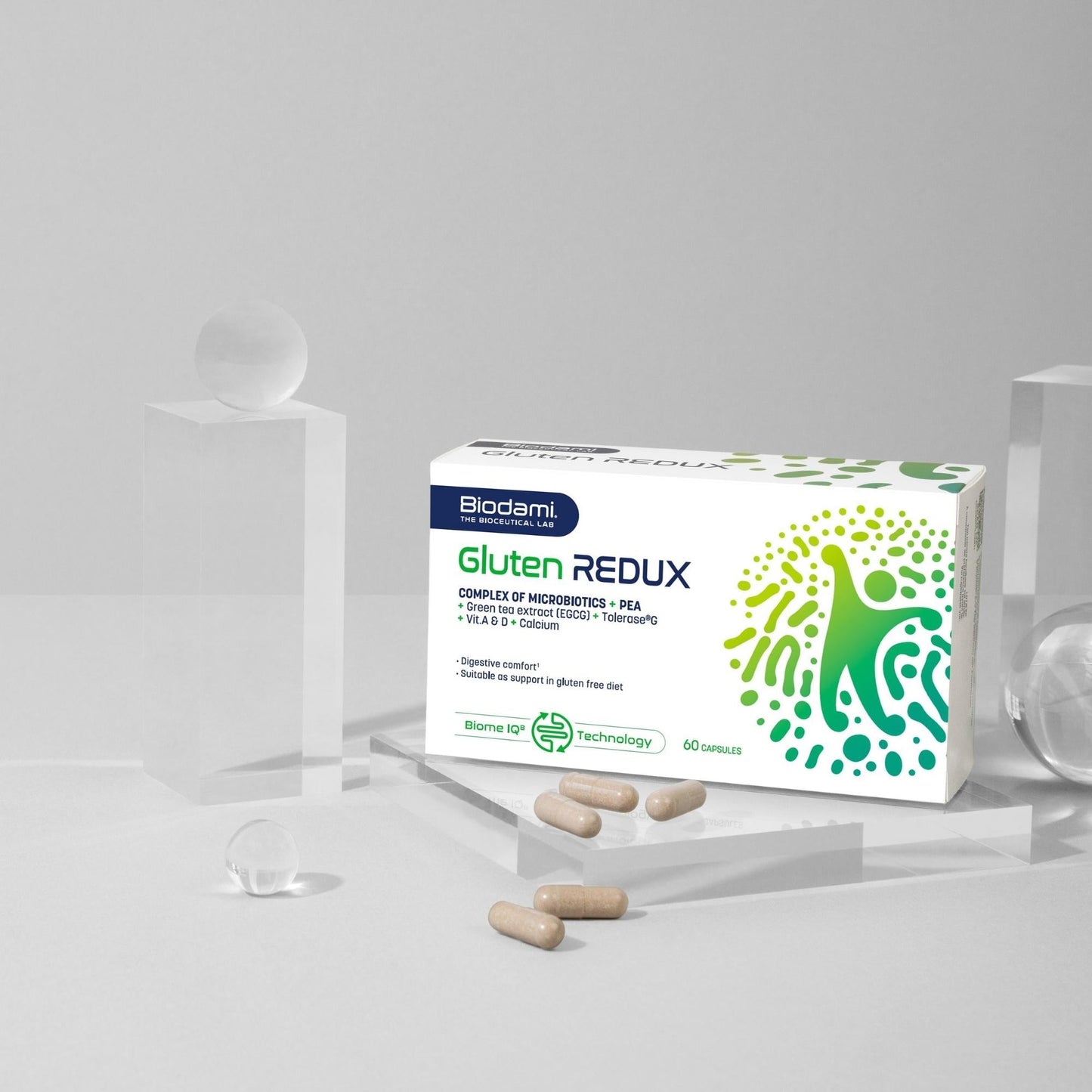 Pack shot of Gluten Redux. Complex of probiotics, PEA, green tea extract, gluten enzyme Tolerase G, vitamin A and D. For digestive support and gluten intolerance